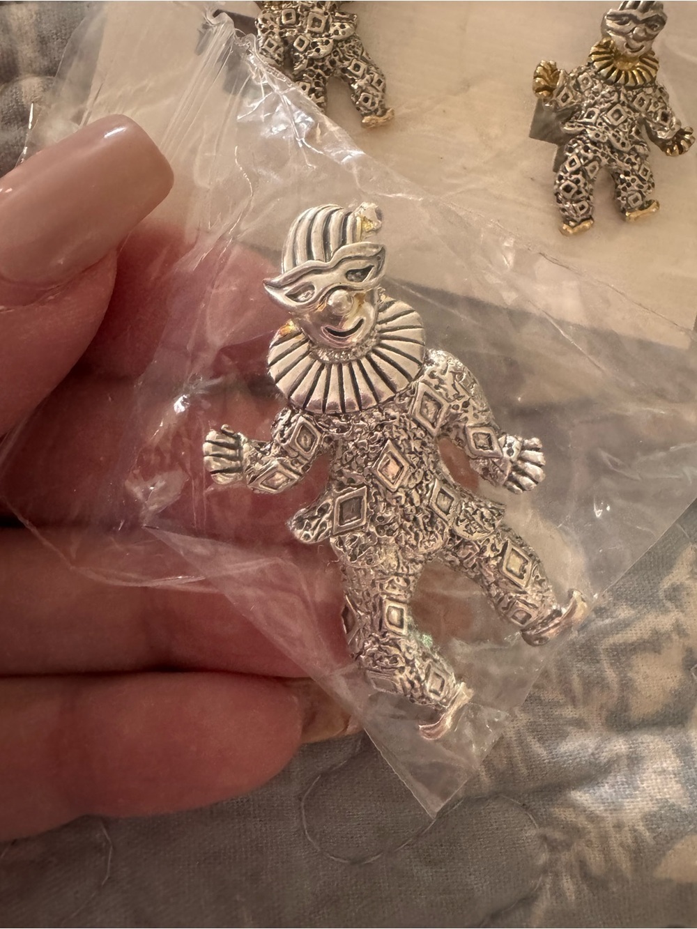 Vintage-Inspired Harlequin Clown Brooch & Earring Set - Silver & Gold Tones - Picture 4 of 4